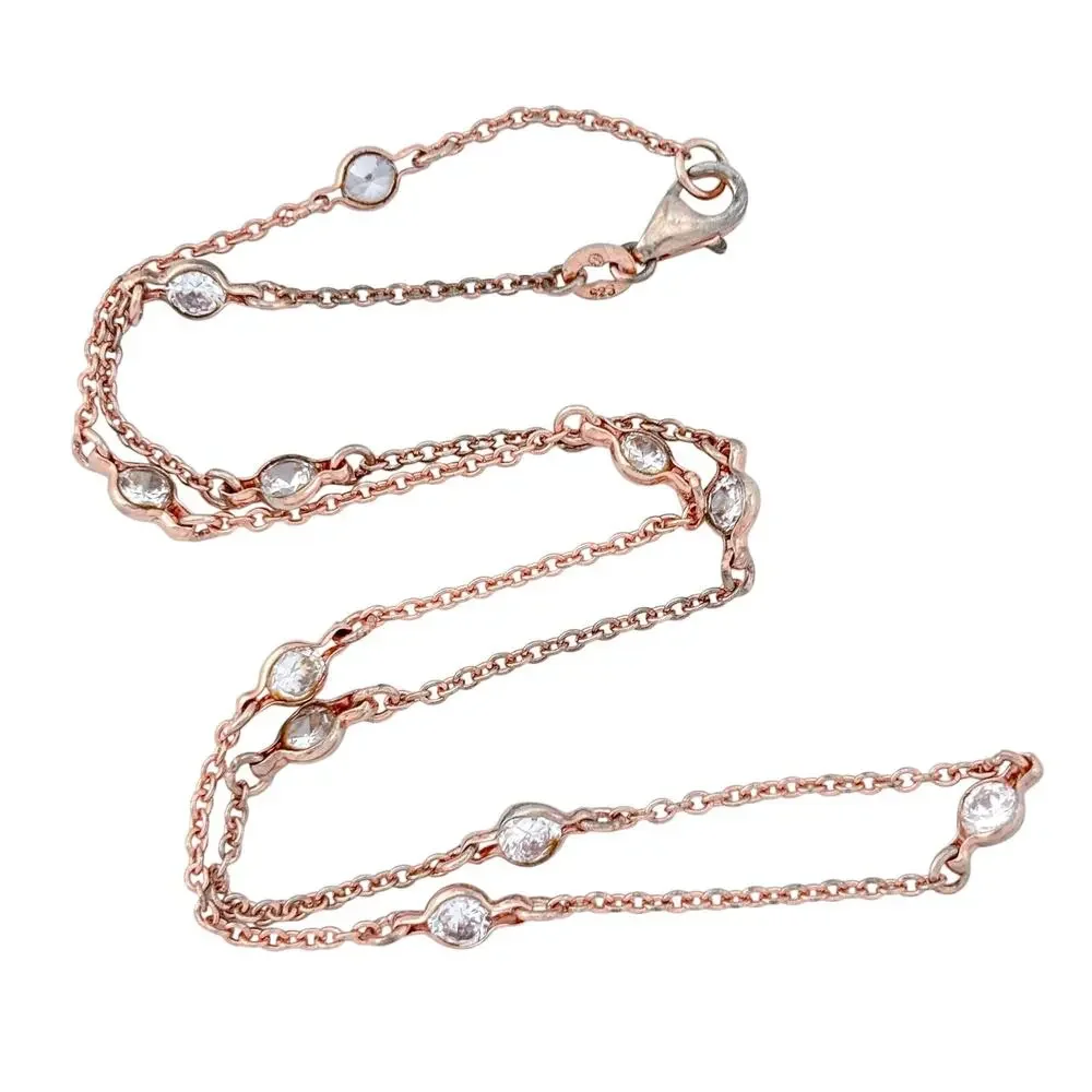 Vintage Sterling Silver 925 Rose Gold-Tone Cubic Zirconia Station Necklace 16
